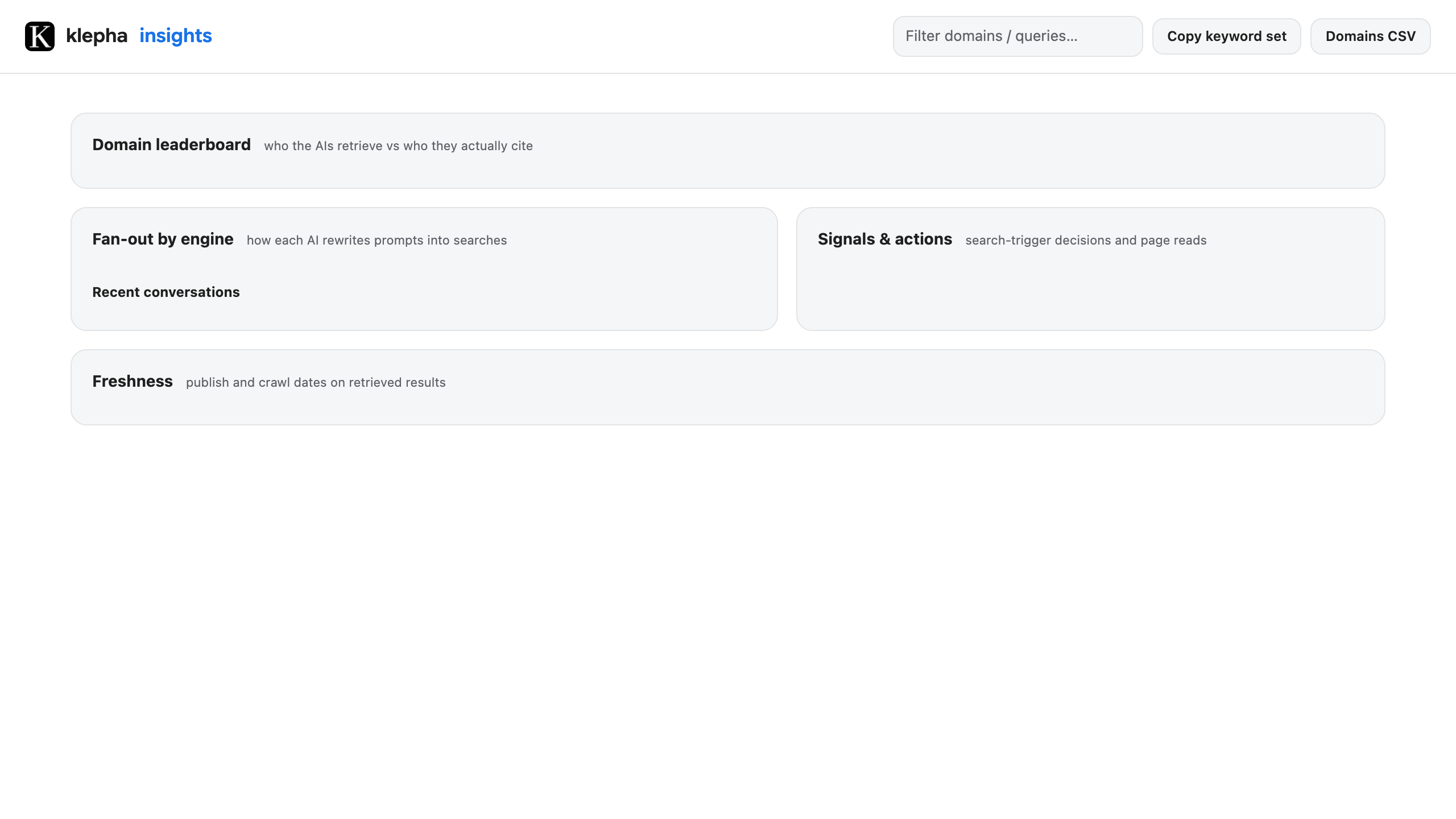 The Klepha Lens insights view: domain leaderboard, fan-out by engine, signals and freshness